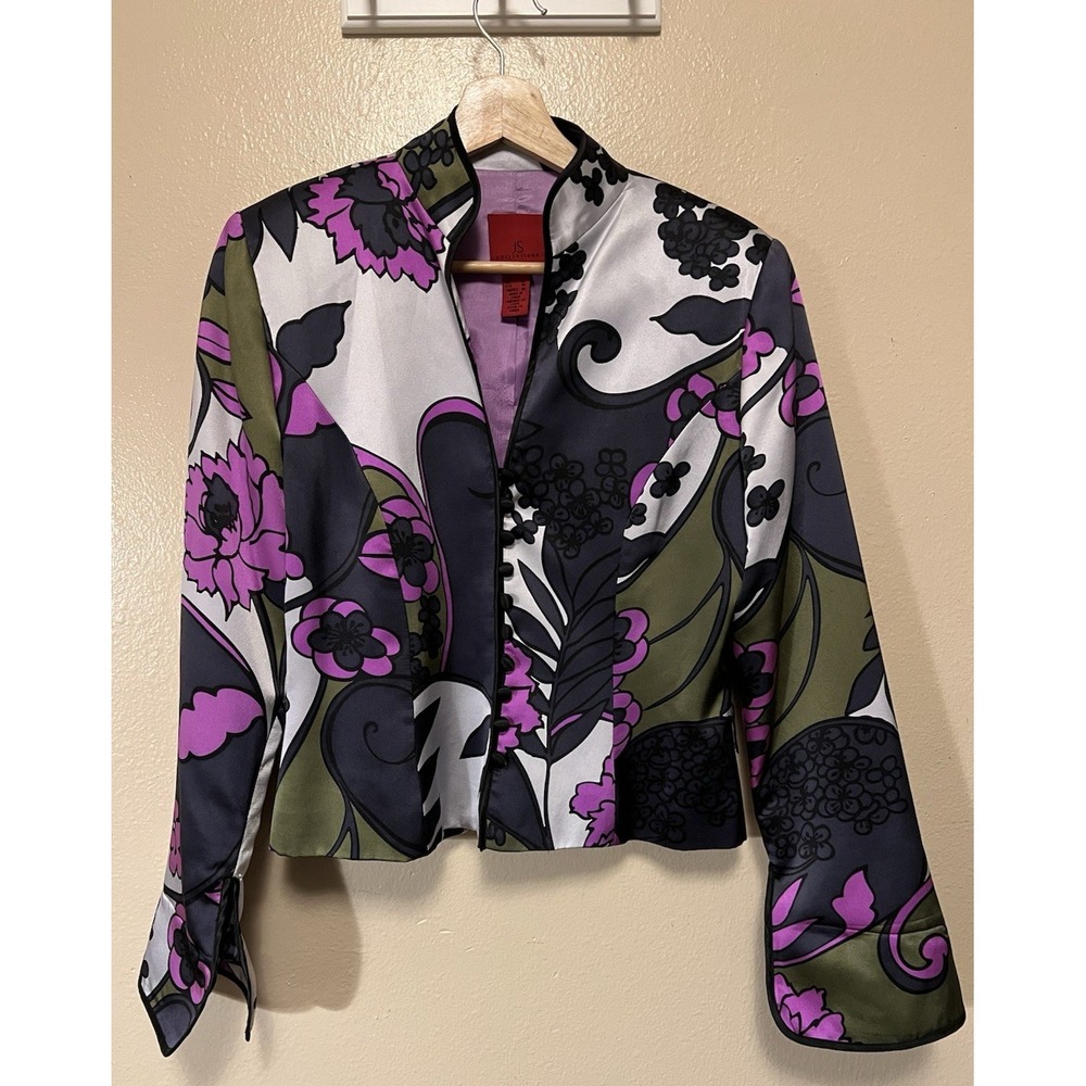 JS Collections Floral Silk Short Asian Inspired Jacket Purple Green Womens Sz 8
